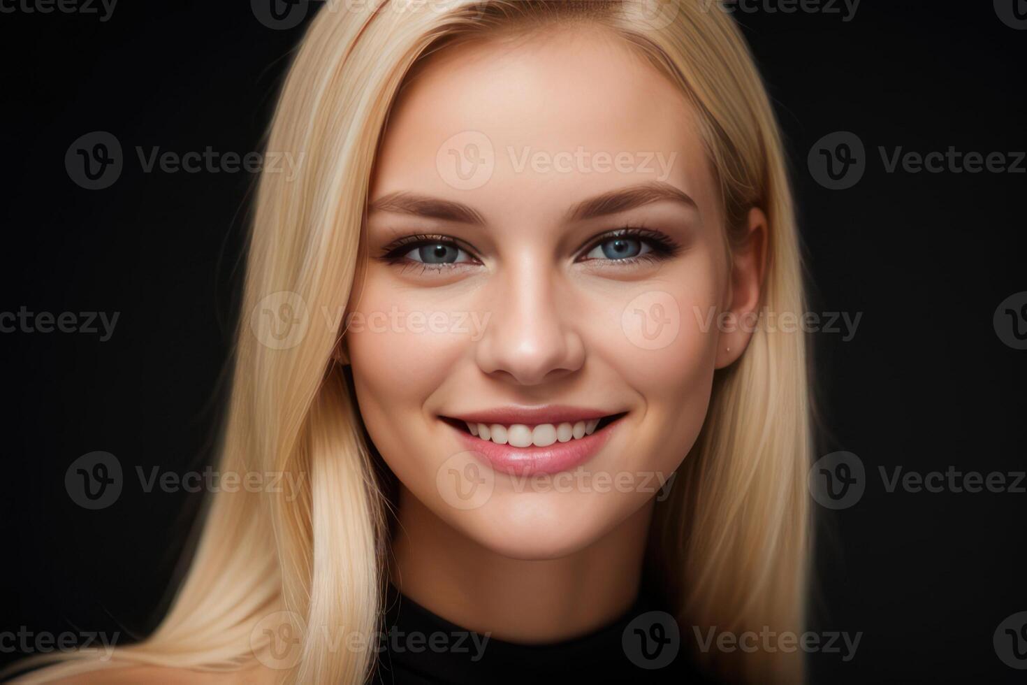 AI Generated Portrait beautiful blonde model woman with white teeth smile, healthy long hair and beauty skin on black background. Concept of advertising dentist and facial care. Generative AI photo