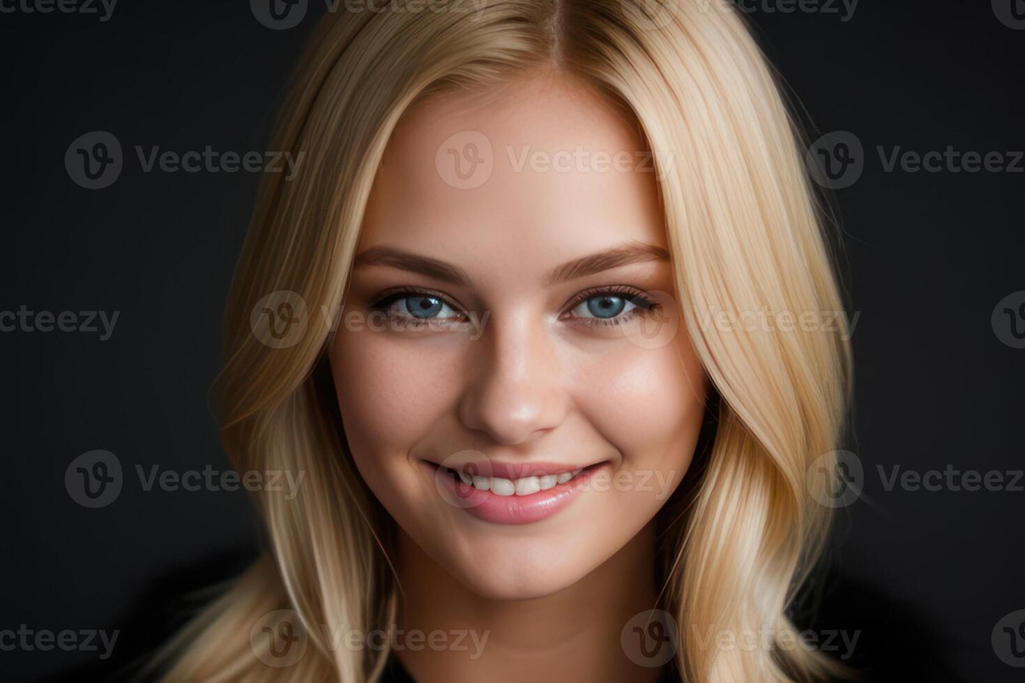 AI Generated Portrait beautiful blonde model woman with white teeth smile, healthy long hair and beauty skin on black background. Concept of advertising dentist and facial care. Generative AI photo