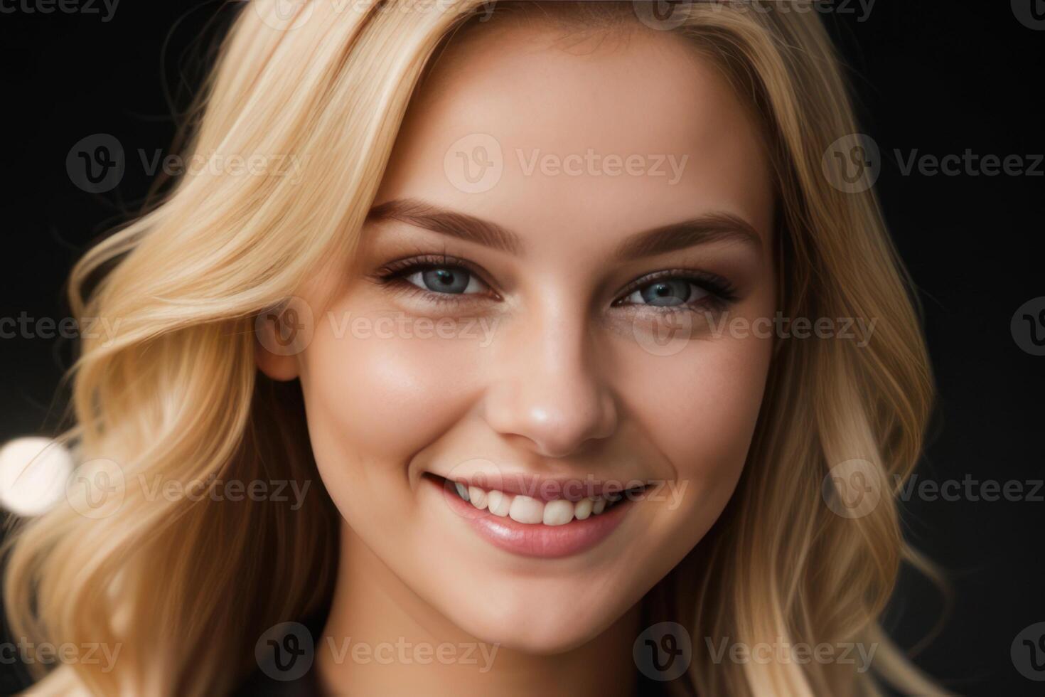 AI Generated Portrait beautiful blonde model woman with white teeth smile, healthy long hair and beauty skin on black background. Concept of advertising dentist and facial care. Generative AI photo