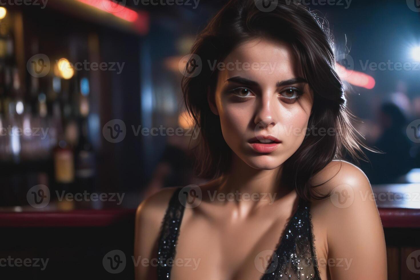 AI Generated Pretty drunk girl at the bar. Concept of alcoholism. Generative AI photo