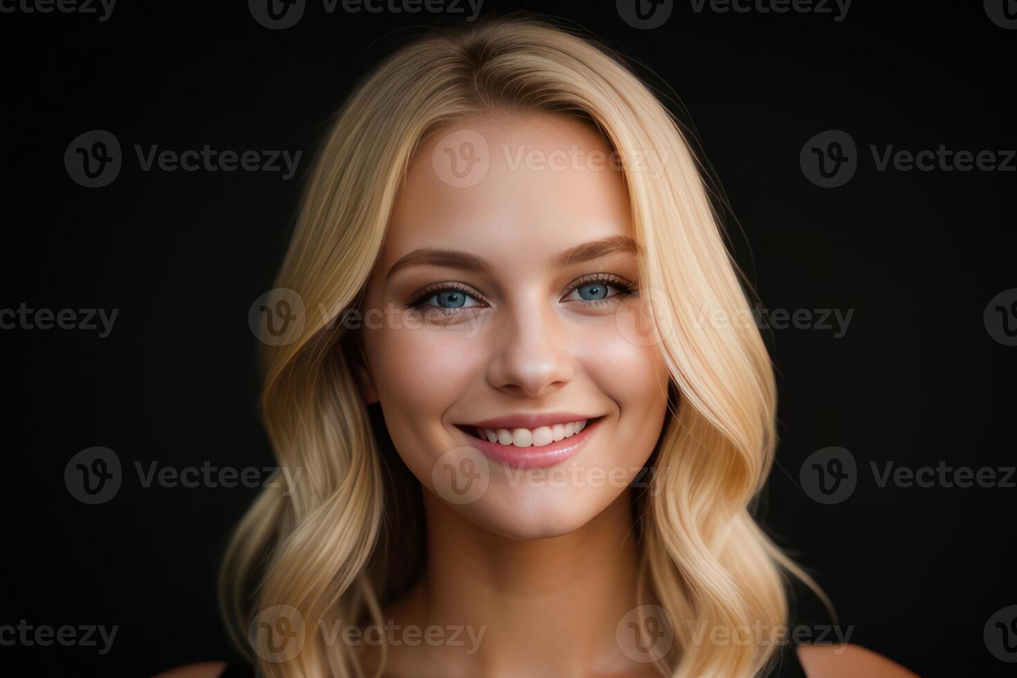 AI Generated Portrait beautiful blonde model woman with white teeth smile, healthy long hair and beauty skin on black background. Concept of advertising dentist and facial care. Generative AI photo