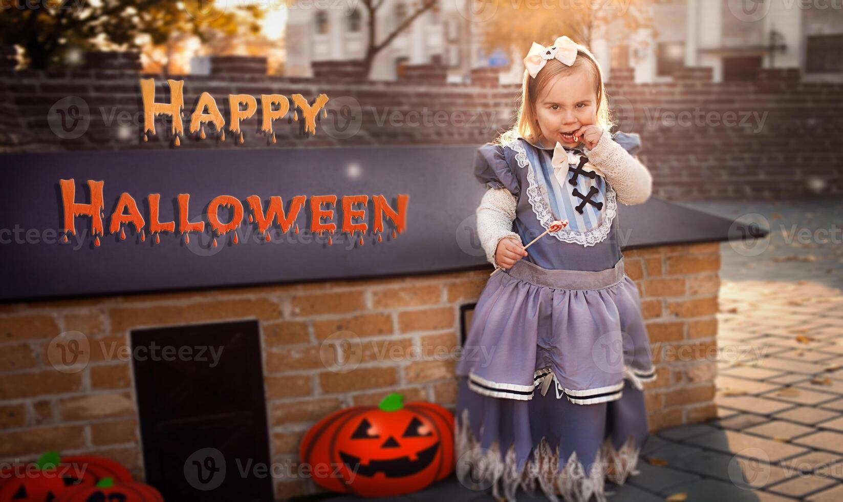 Little beautiful girl child, art magic postcard, artistic. Banner with text Happy Halloween, glowing pumpkins. child in witch costume, eats sweet candy and smirks. scary, frightening, drawn picture photo