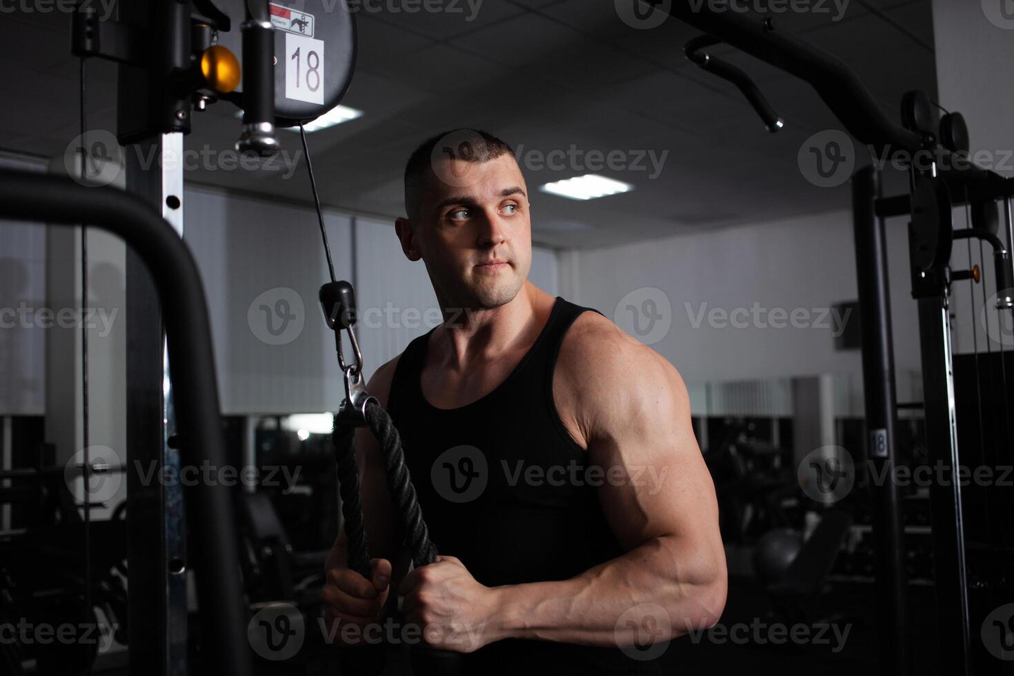 A sports athlete coach a muscular man does an exercise on a simulator in gym. Portrait, low key, darkness. builds up arm muscles photo