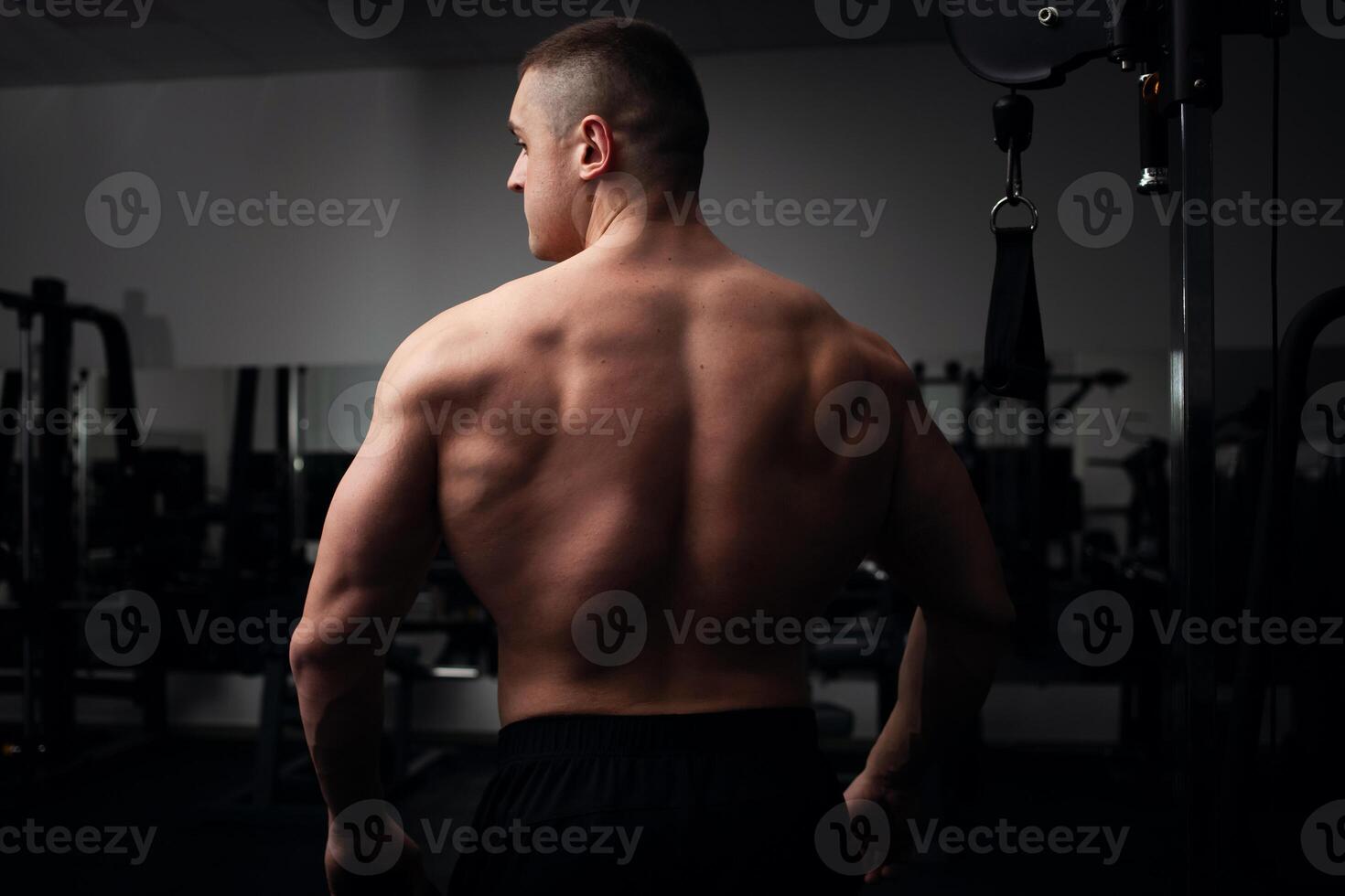 retrato de un hermosa masculino atleta carrocero en gimnasia, bajo llave, oscuridad. posando, entrenador. espalda foto