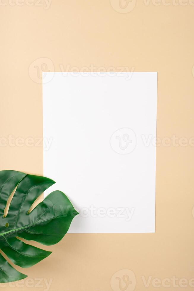 Mocup on a beige background. Empty space for text. Advertising, design, post. Monstera, artificial plant flat lay photo