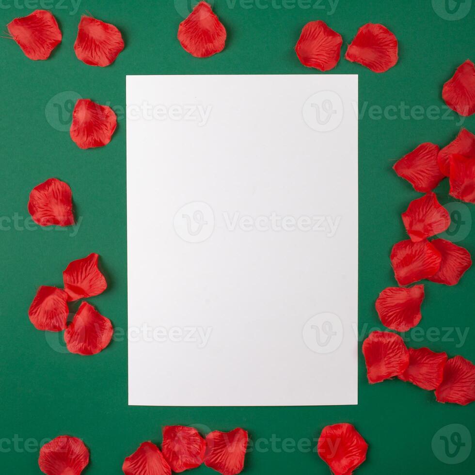 Mocup is an empty space for text, gardening design advertising post. Green background, plants. flat lay rose petals photo