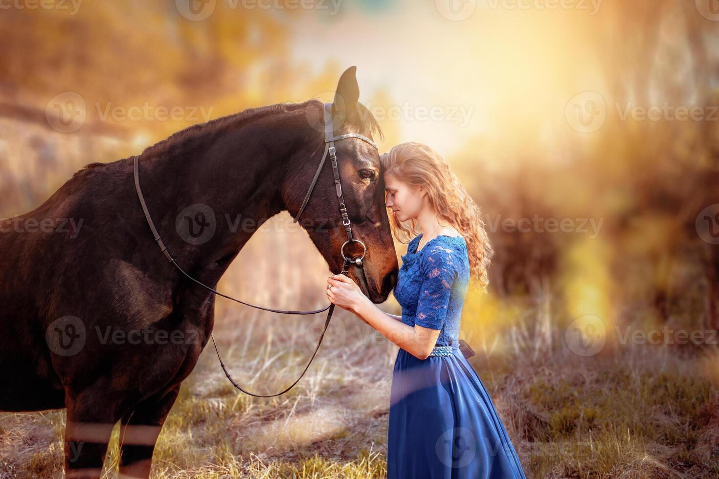 Beautiful girl in a blue dress hugs a horse. Fairytale photography, artistic, magical. photo