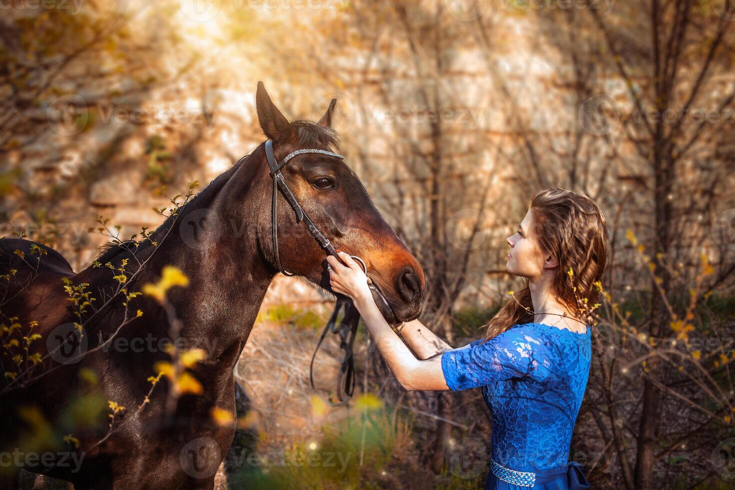 Beautiful girl in a blue dress hugs a horse. Fairytale photography, artistic, magical. photo