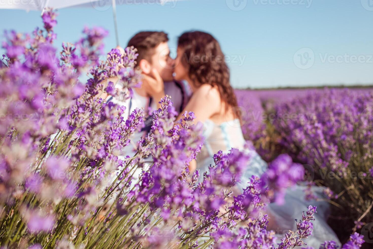 A couple in love under a white umbrella on a lavender field love photo