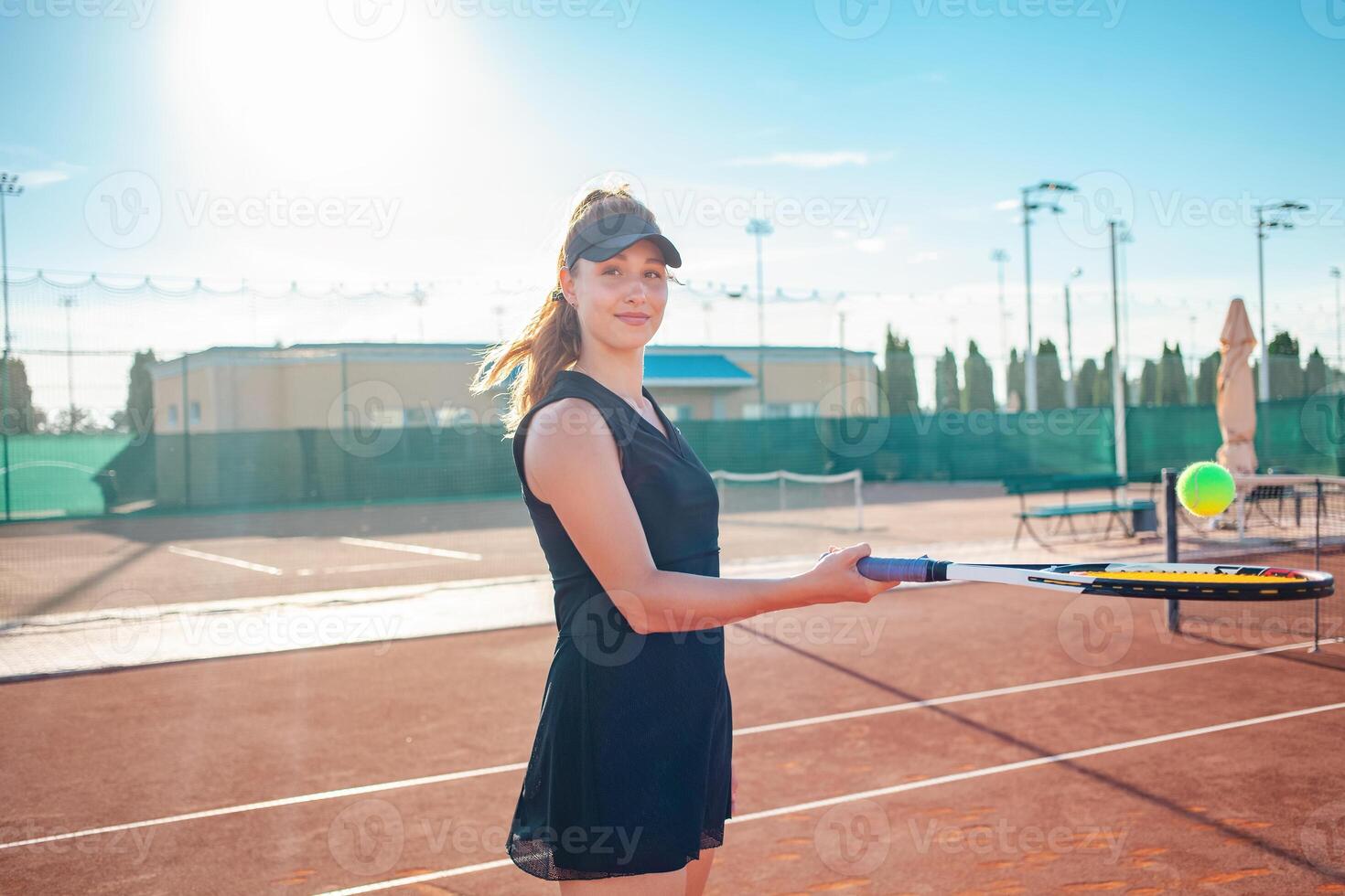 Tennis court, athletic body. Fitness, weight loss photo