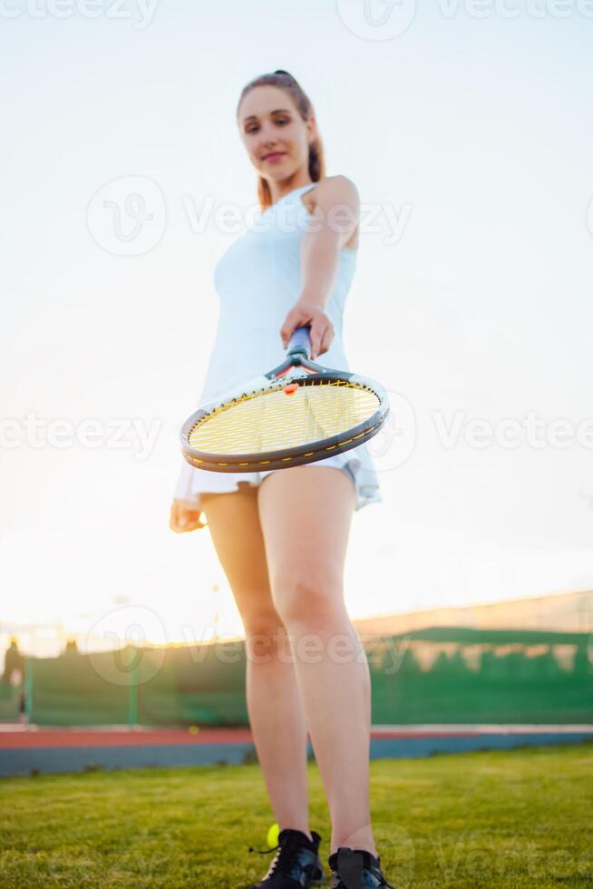 Tennis court, athletic body. Fitness, weight loss photo
