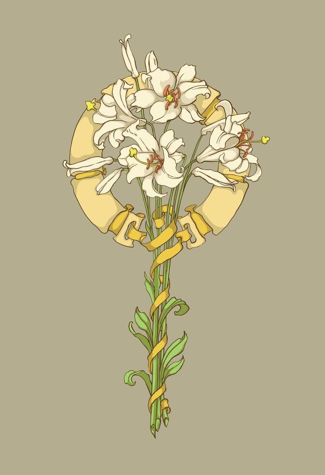 Hand drawn art nouveau lily flower illustration vector