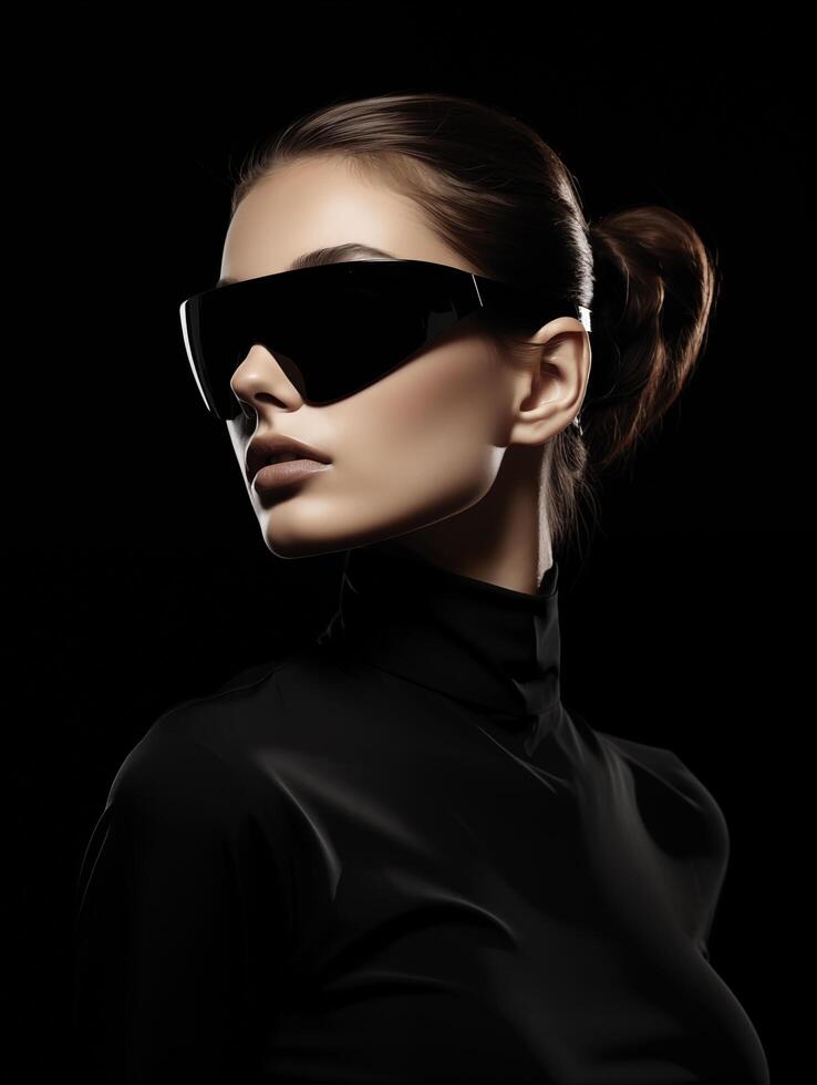 AI generated Portrait of a Beautiful Woman Wearing Sunglass in a Dark Background photo