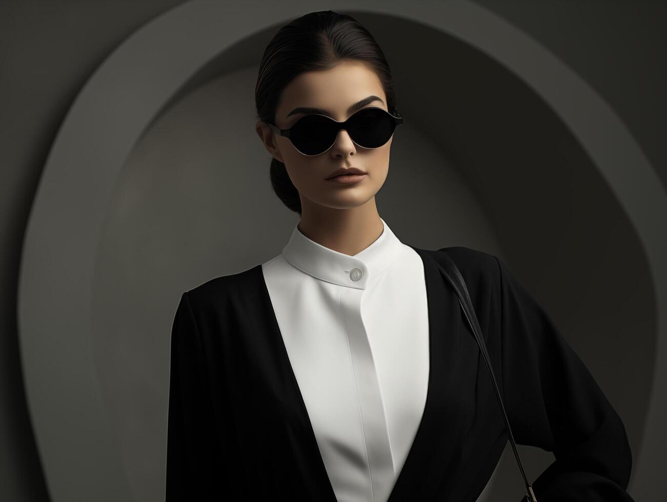 AI generated Portrait of a Beautiful Woman Wearing Sunglass in a Dark Background photo