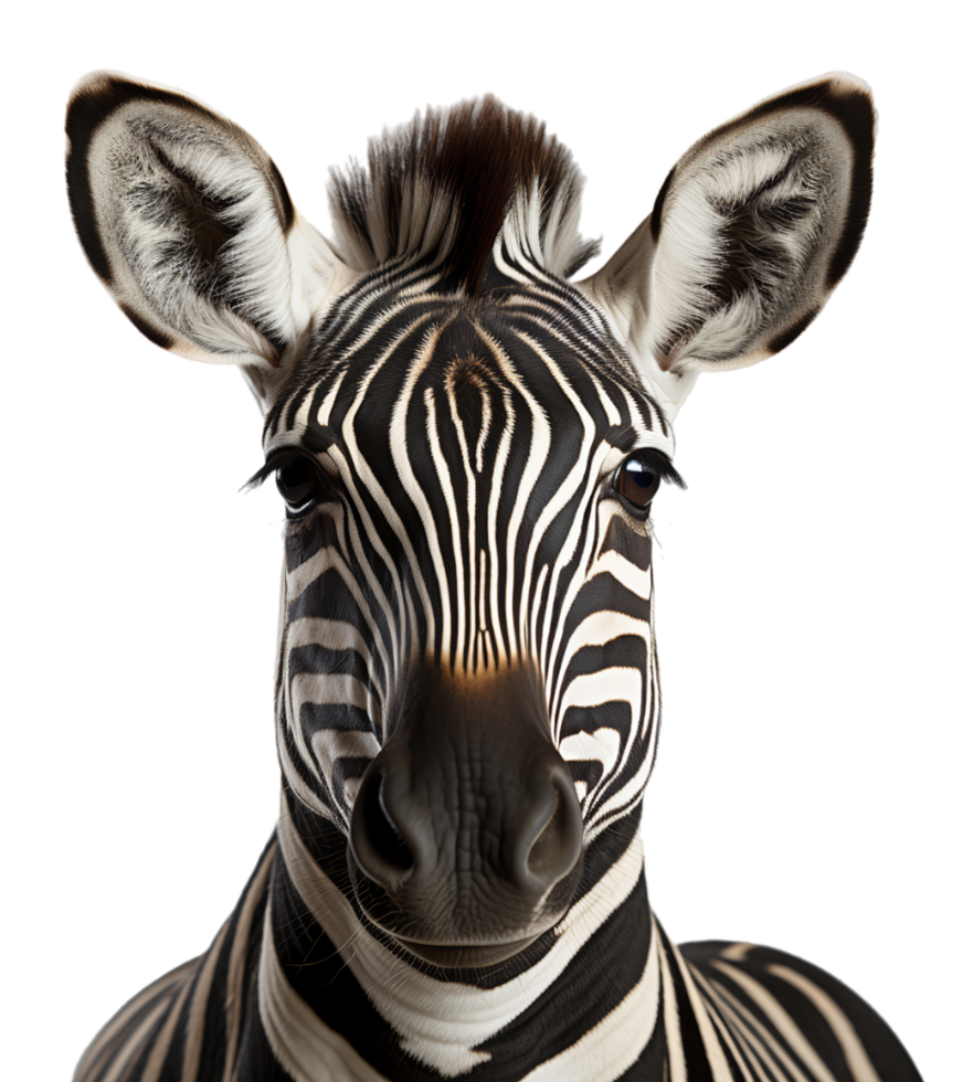 AI generated close up portrait of zebra animal on transparent background, generative ai png