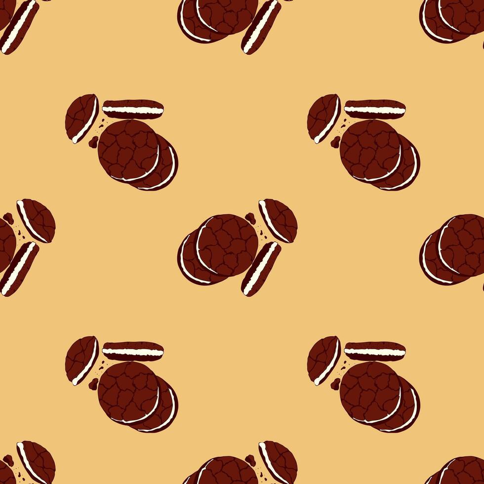 Pattern with chocolate cookies on orange background, hand drawn doodles. National Cookie Day. vector