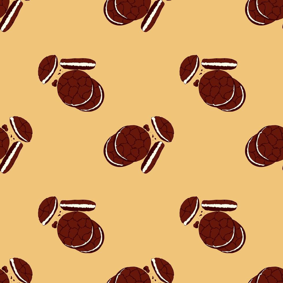 Pattern with chocolate cookies on orange background, hand drawn doodles. National Cookie Day. vector