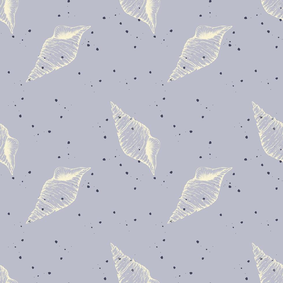 Sea bottom pattern with seachells contour hand drawn and small stones on pastel color background. vector