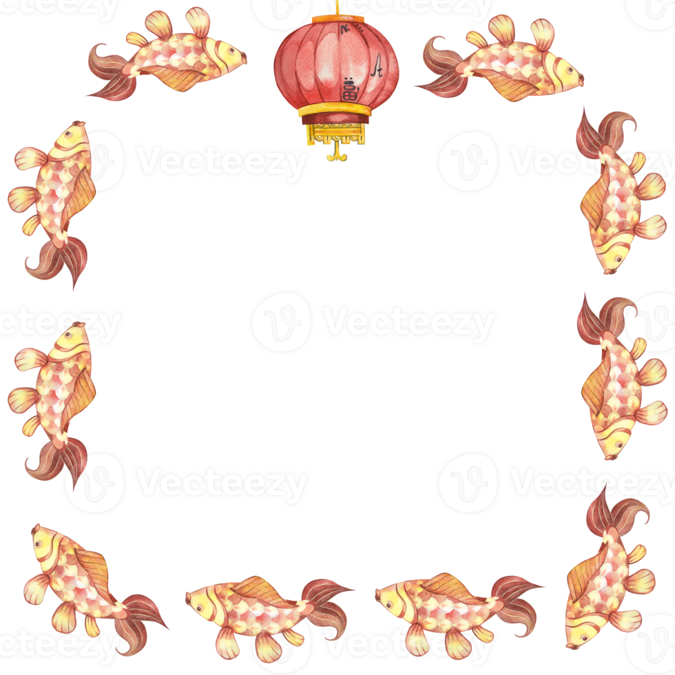 Square frame for Chinese New Year. Chinese lanterns are red and carps are red and yellow. All elements are hand-painted with watercolors. Suitable for cards and invitations png