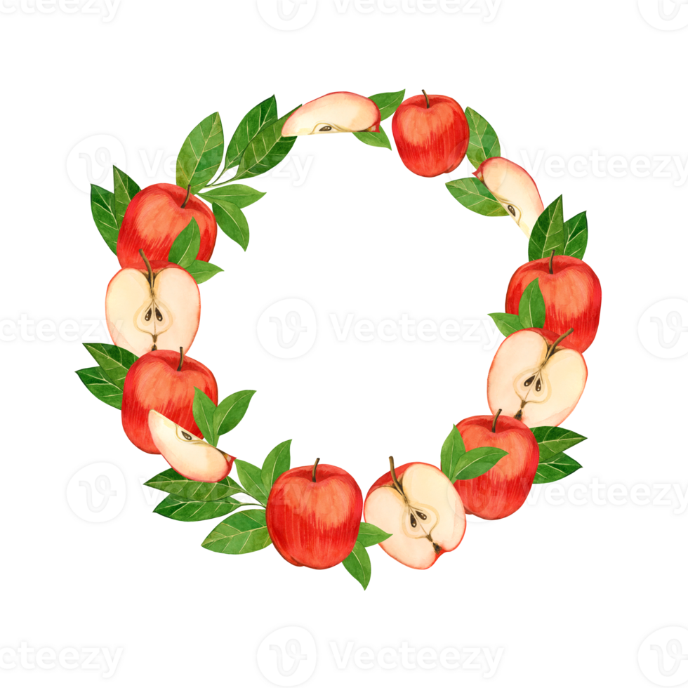 Watercolor illustration. A wreath of red apples, apple halves and apple slices with seeds and green leaves. Suitable for printing on fabric and paper, for menus, kitchen and decoration png