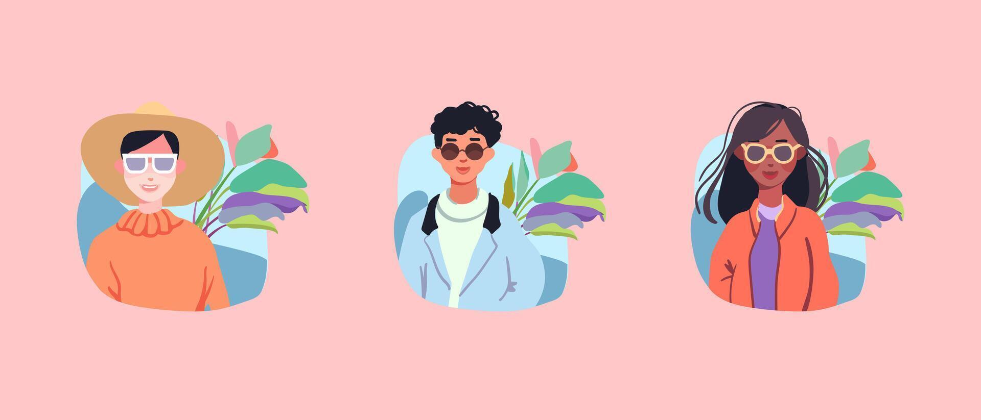 Avatars. Anime guy and girls. Cute character with plants. Cartoon style. Vector