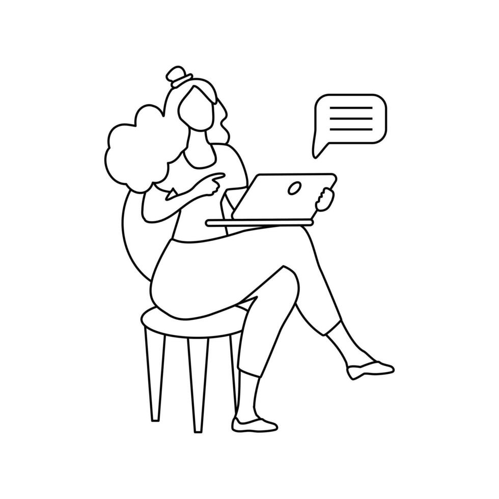 Online learning. Silhouette of a girl. A woman sits on a chair and works at a laptop. Vector illustration.