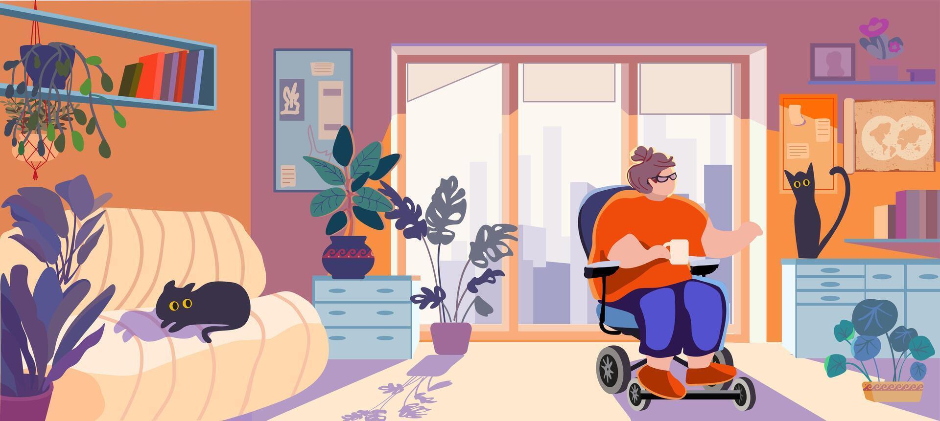 An overweight disabled woman in a chair strokes a cat in a cozy room. Inclusion concept. vector