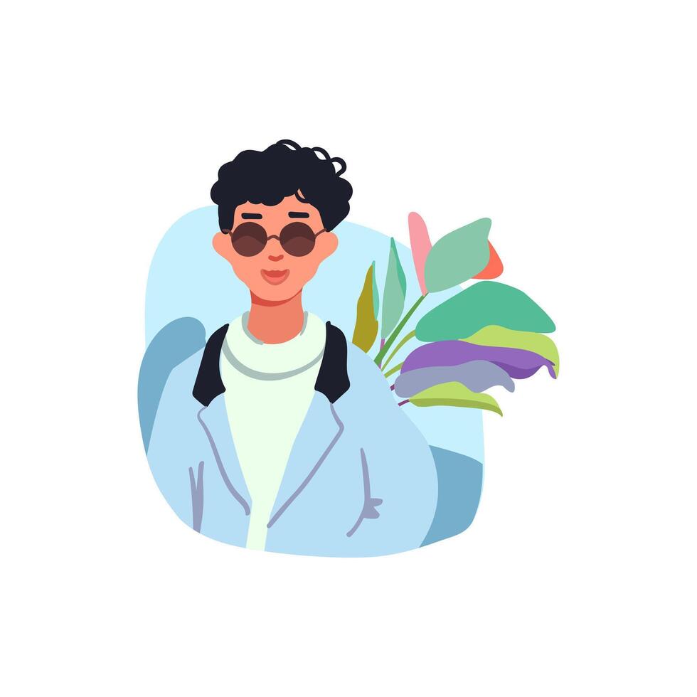 Avatar in a modern minimalist style. A guy in sunglasses and a blue jacket. Anime. vector