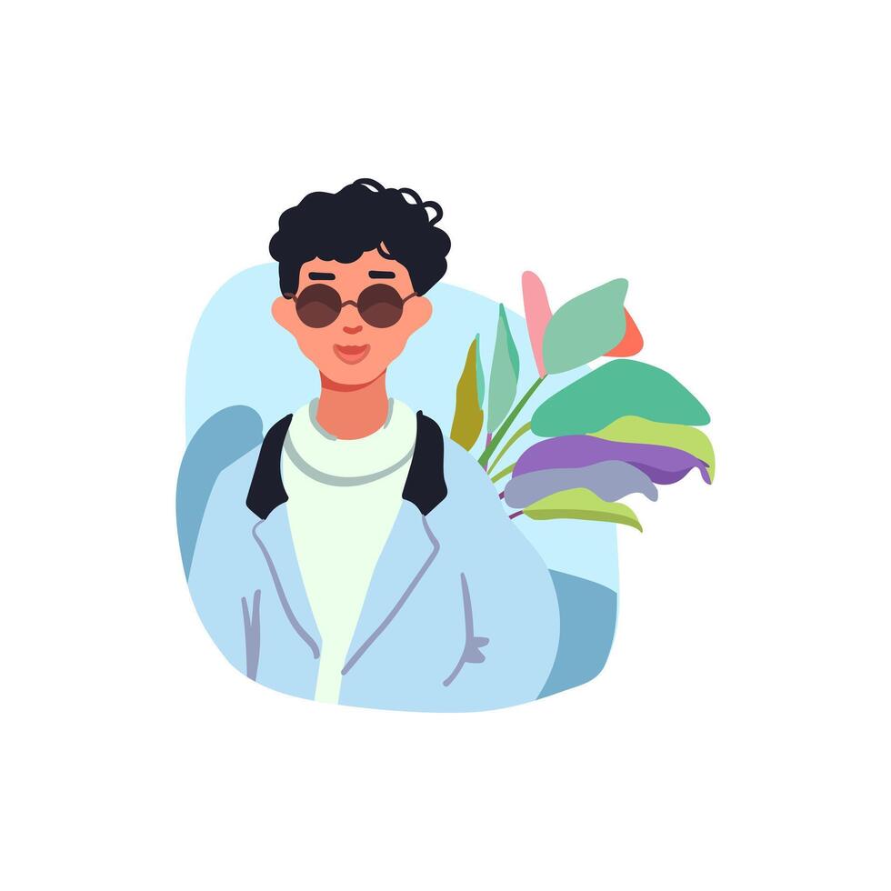 avatar en un moderno minimalista estilo. un chico en Gafas de sol y un azul chaqueta. animé vector