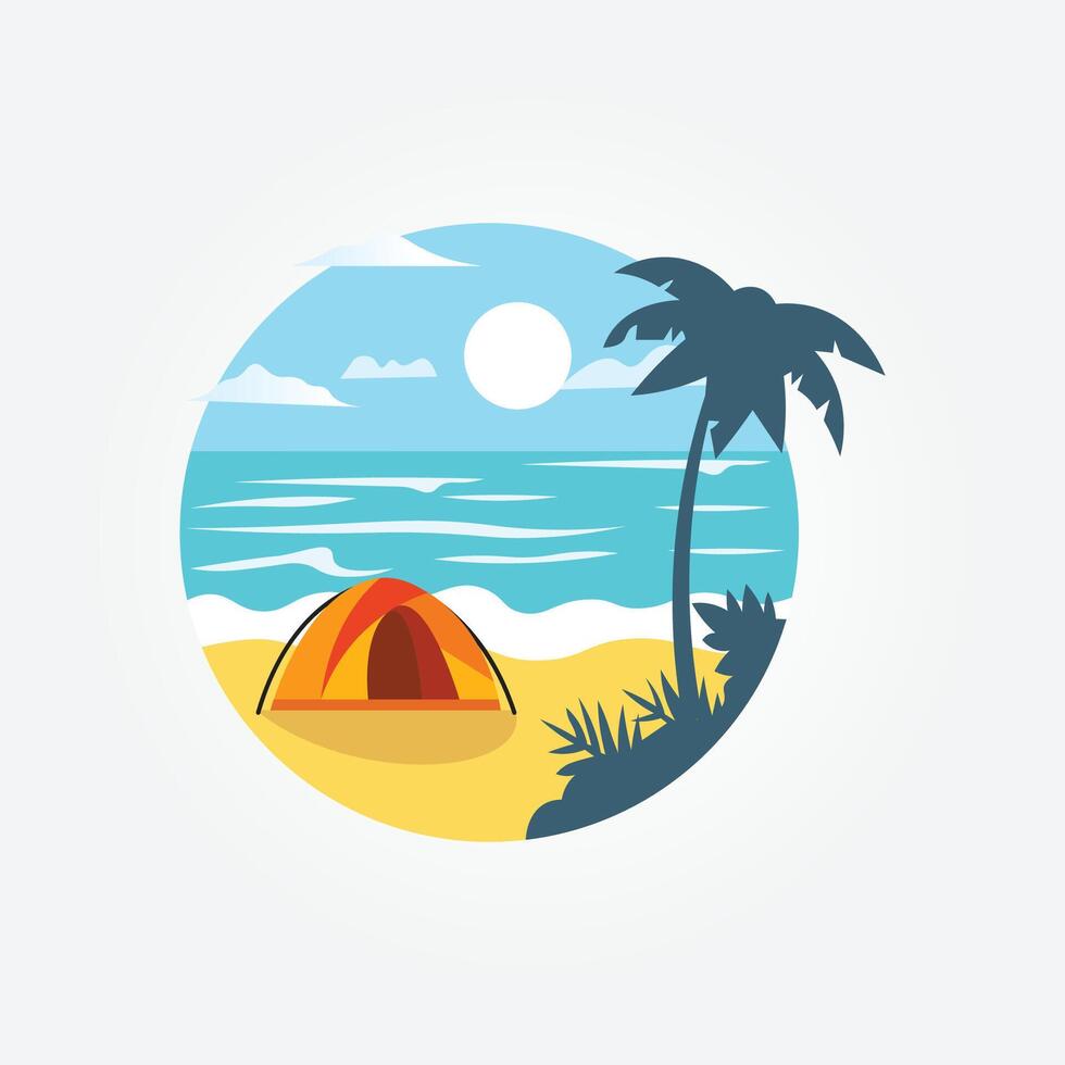 turista tienda cámping en tropical playa, Coco arboles verano vacaciones línea costera playa vector
