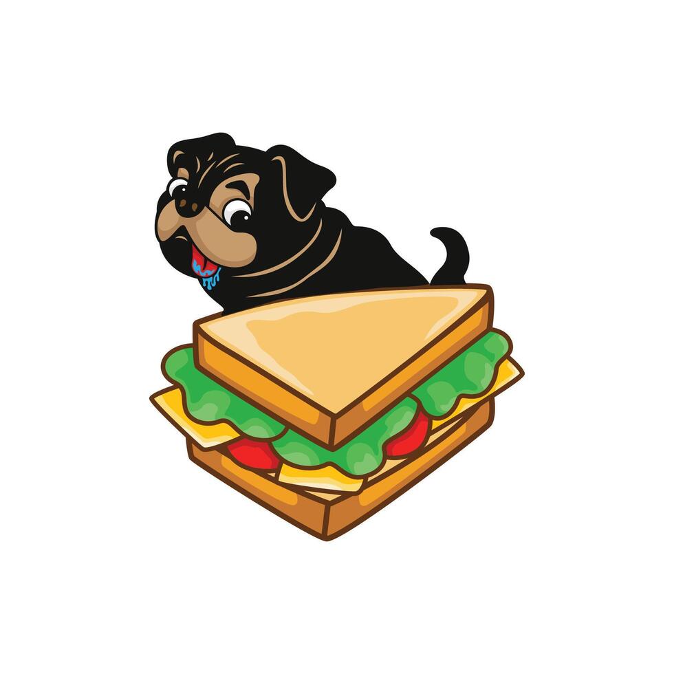 a black dog drooling over a sandwich or trying to sneak a bite of it vector illustration