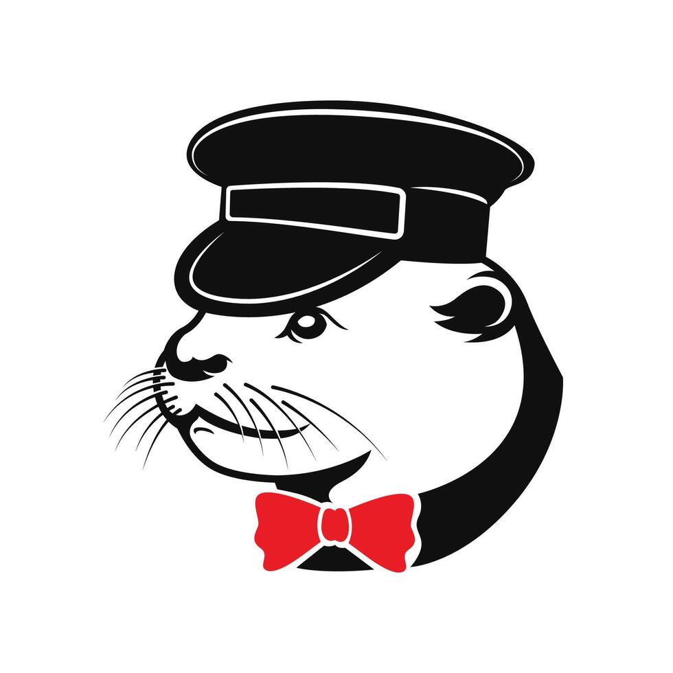 An otter with a train conductor hat vector logo illustration