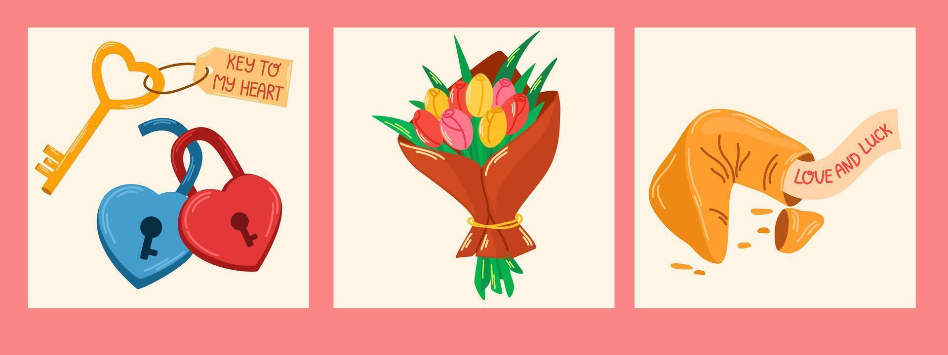 san valentin día tarjeta colocar. ramo de flores de tulipanes, fortuna galletas, llave y cerrar con llave. para sitio web bandera, venta, enamorado tarjeta, cubrir, volantes o póster de moda vector ilustración