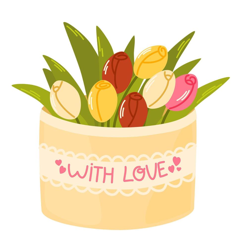 Bouquet of tulips. Love concept. Spring flowers. Element for spring, summer, seasonal design of postcards, fabrics, wallpaper, wrappers, packaging, textiles. Vector illustration