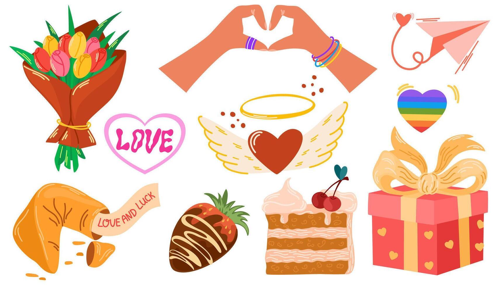 Romantic elements for Valentine's day. Bouquet of tulips, fortune cookies, gift, lollipop, key, strawberries in chocolate. Vector illustrations