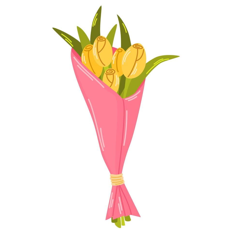 Bouquet of tulips. Love concept. Spring flowers. Element for spring, summer, seasonal design of postcards, fabrics, wallpaper, wrappers, packaging, textiles. Vector illustration