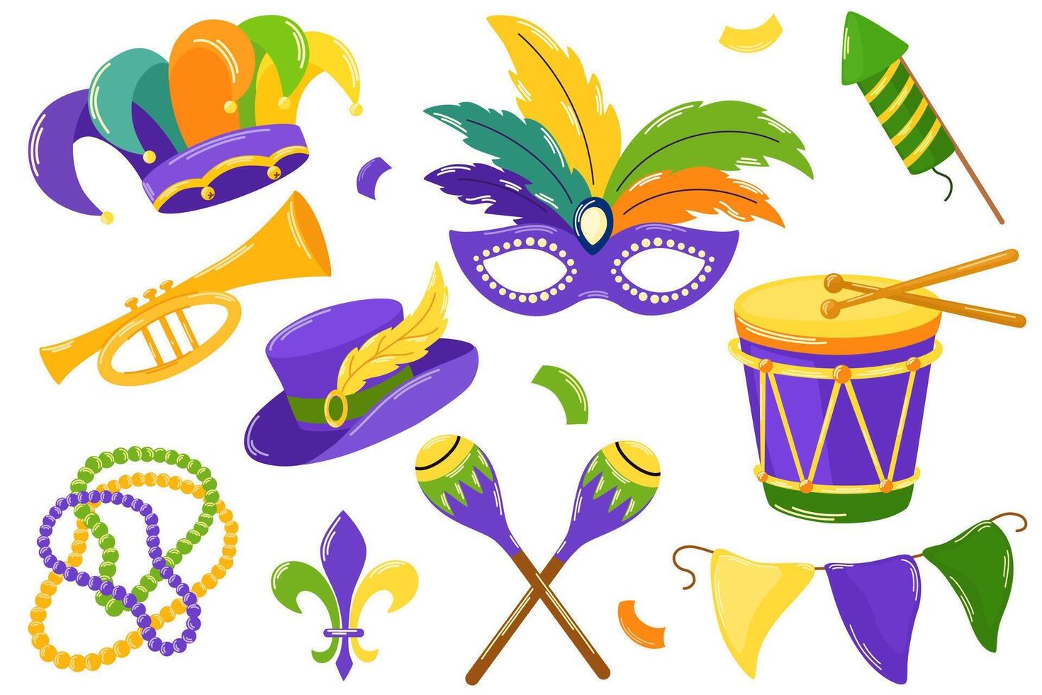 Mardi Gras carnival set. Mardi Gras collection, traditional festival item stickers, including mask, drum, hat, beads, joker, Fleur de lis, comedy and tragedy, party decorations. Vector illustration