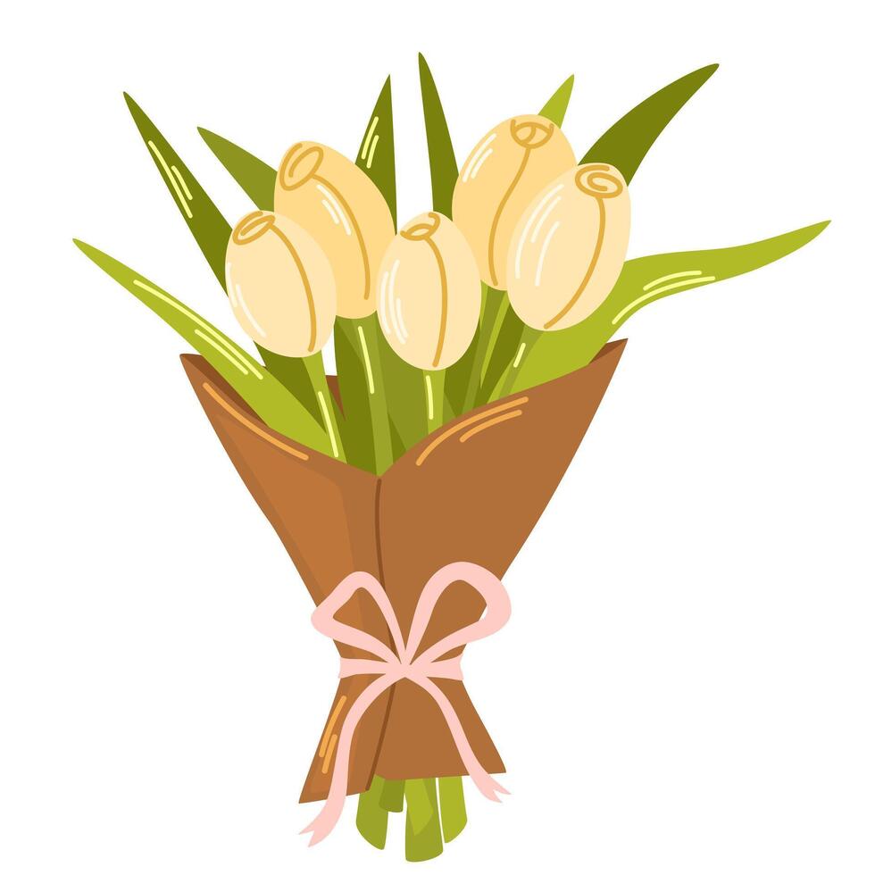 Bouquet of tulips. Love concept. Spring flowers. Element for spring, summer, seasonal design of postcards, fabrics, wallpaper, wrappers, packaging, textiles. Vector illustration