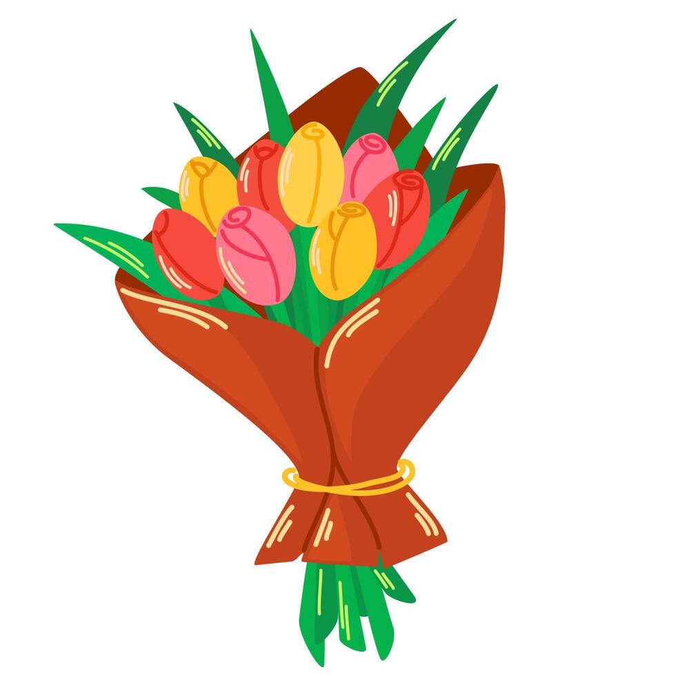 Bouquet of tulips. Love concept. Spring flowers. Element for spring, summer, seasonal design of postcards, fabrics, wallpaper, wrappers, packaging, textiles. Vector illustration