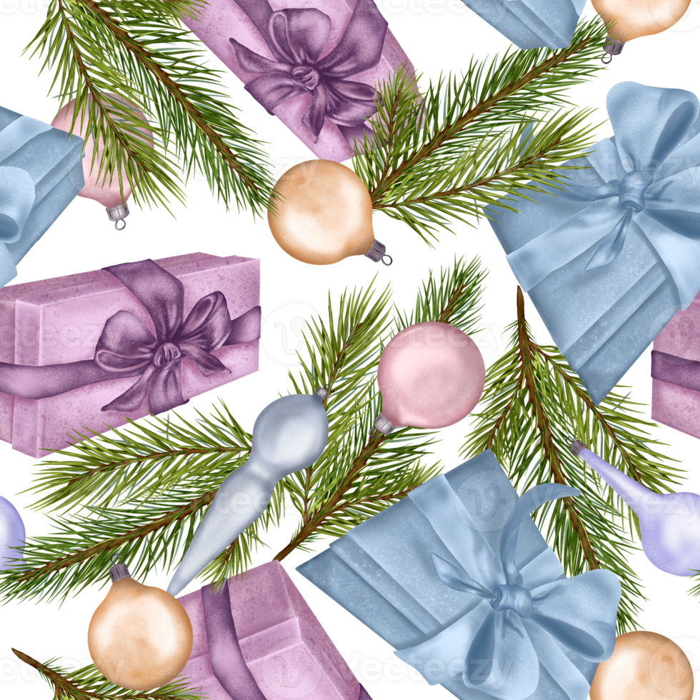 Weihnachten nahtlos Muster mit Weihnachten Ball und Fichte Digital Illustration. Urlaub Geschenk Kisten, Dekoration Hand gezeichnet. Element zum Neu Jahr Design Verpackung, Textil, Hintergrund. png