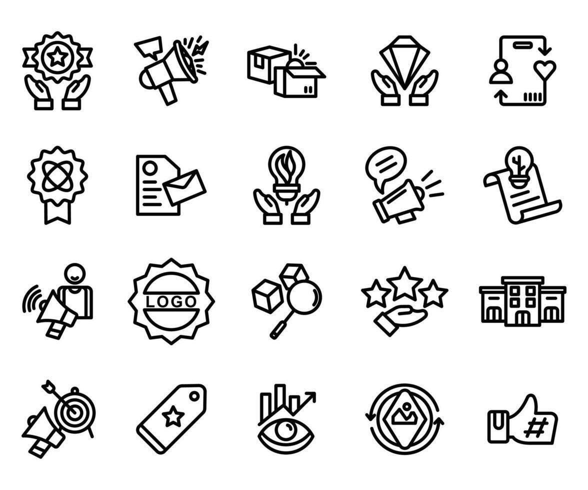 Design Set of brand icons. Contains marketing icons, products, brand values, design, logo, brand development, social media, advertising and loyal customers vector