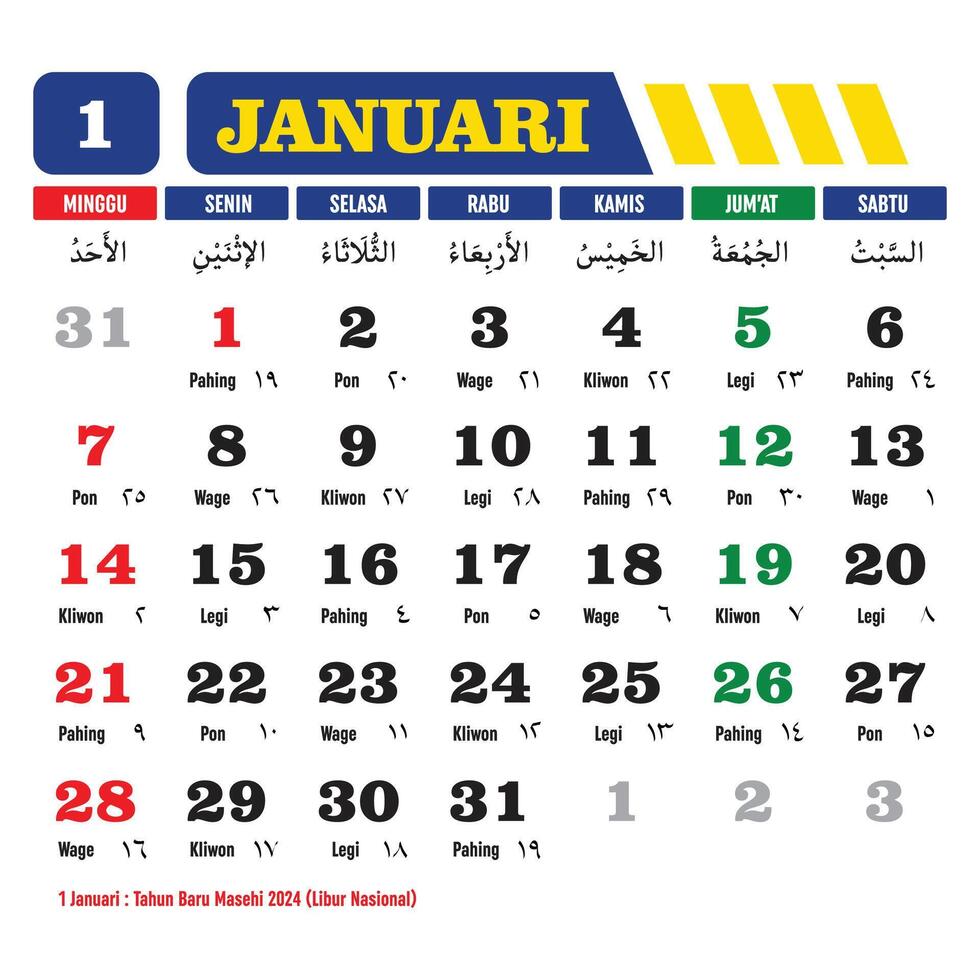 Vector design of 2024 Hijri Calendar Template for January with Indonesian National Holidays complete with Hijri, Javanese and Christian. Translation Calendar 2024 AD and Hijriyah 1445-1446.