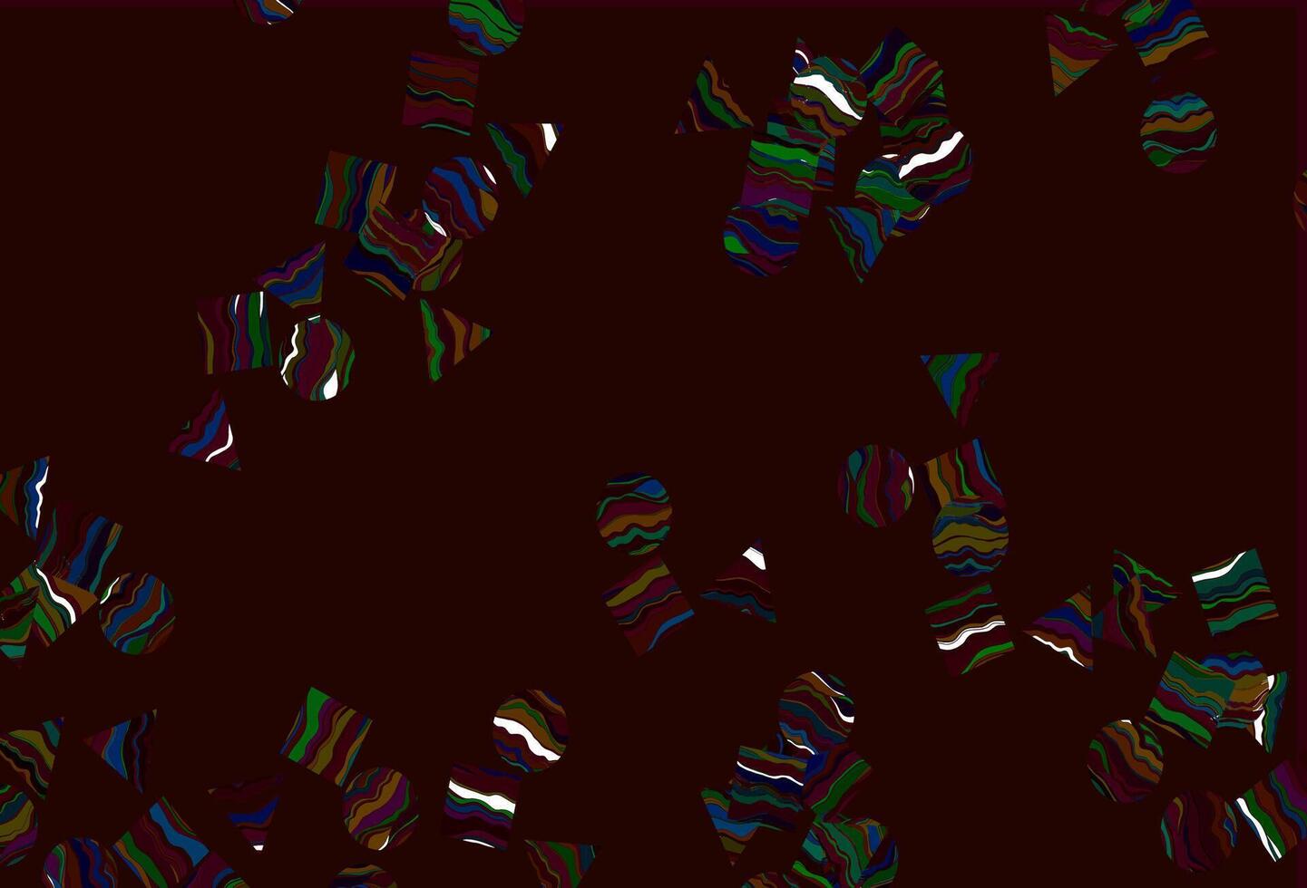 luz multicolor, fondo de vector de arco iris con triángulos, círculos, cubos.
