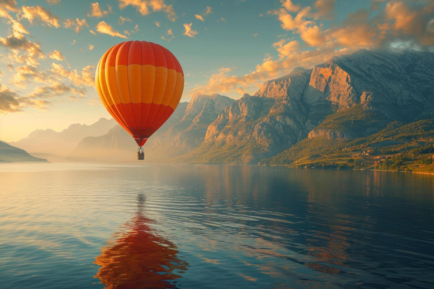 AI generated a hot air balloon floating over a lake, photo