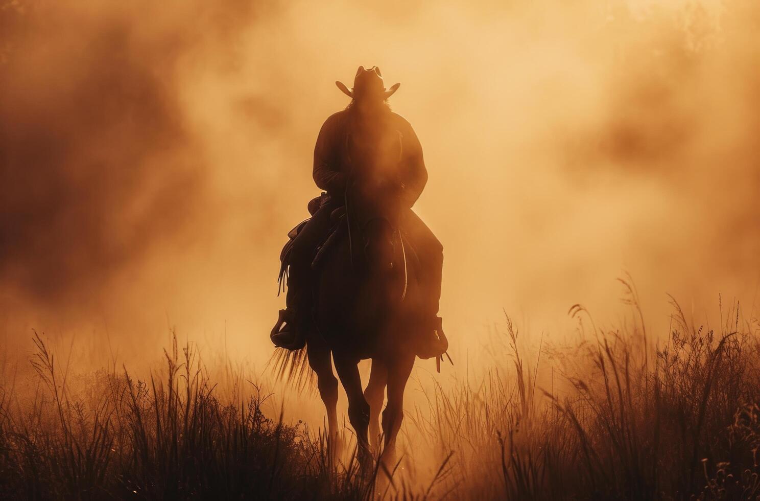 ai generado un chico en un sombrero y vaquero sombrero es montando su caballo, ligero marrón y oscuro ámbar foto