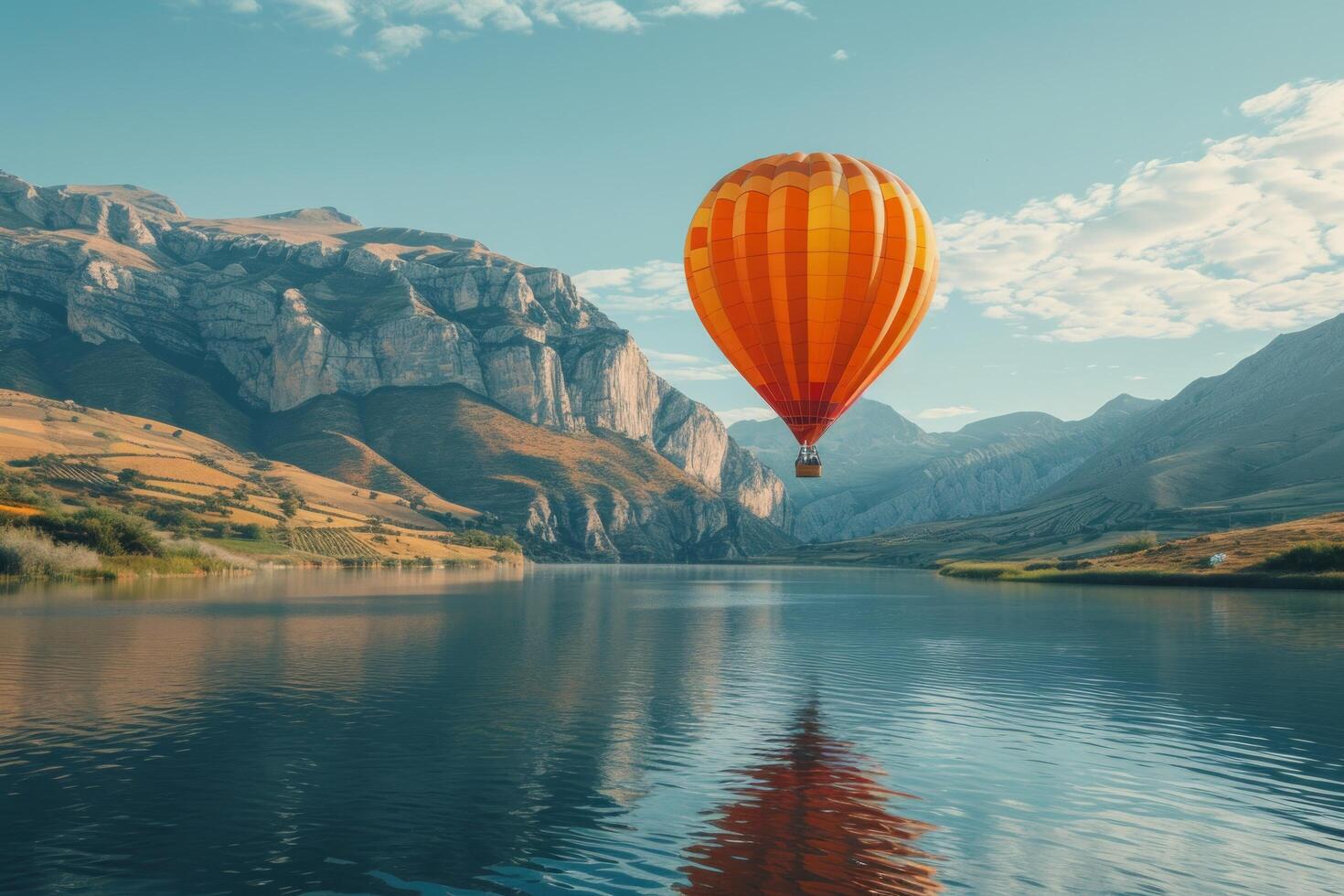 AI generated a hot air balloon floating over a lake, photo