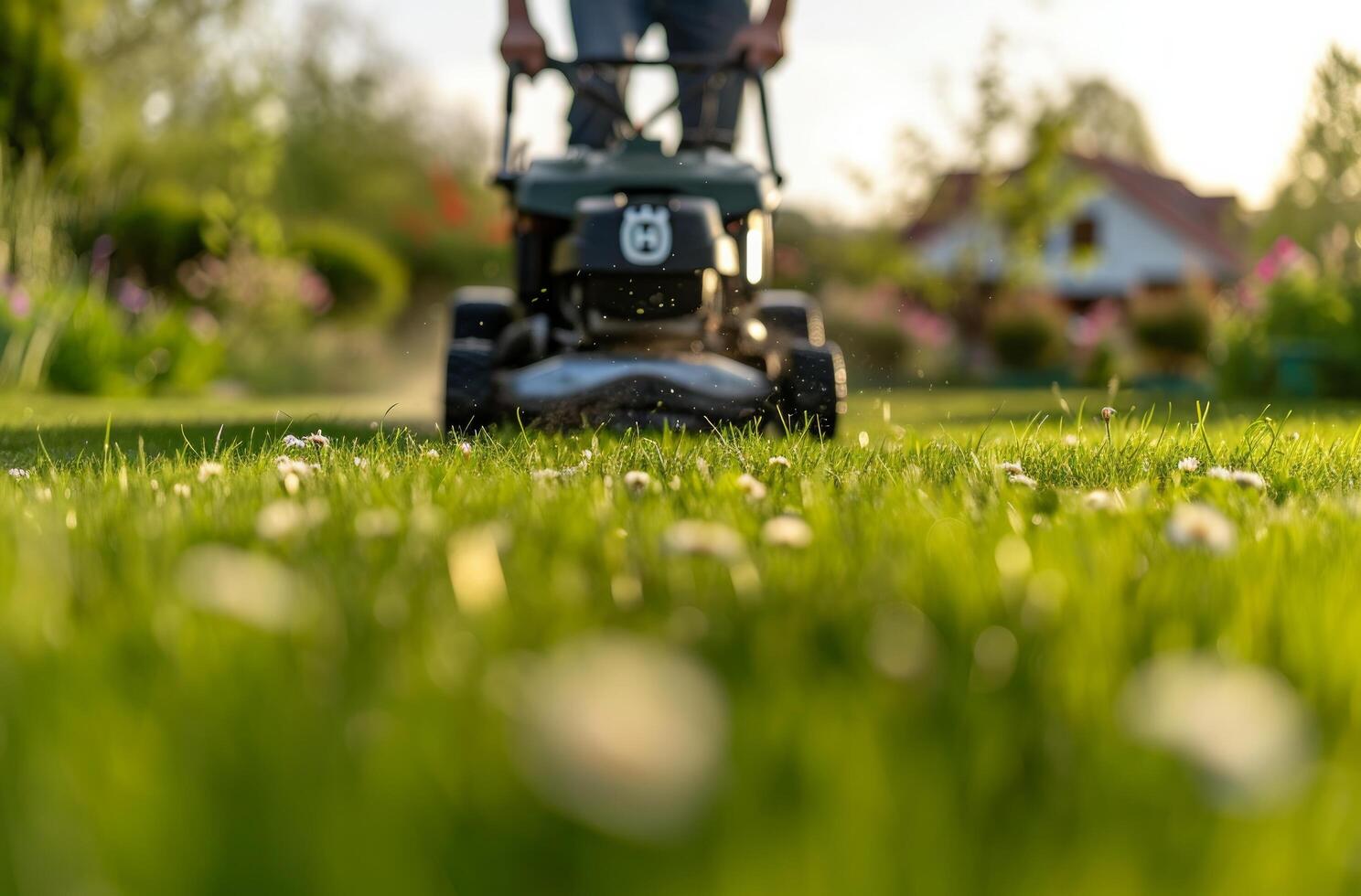 AI generated a person using a lawn mower in a large lawn photo