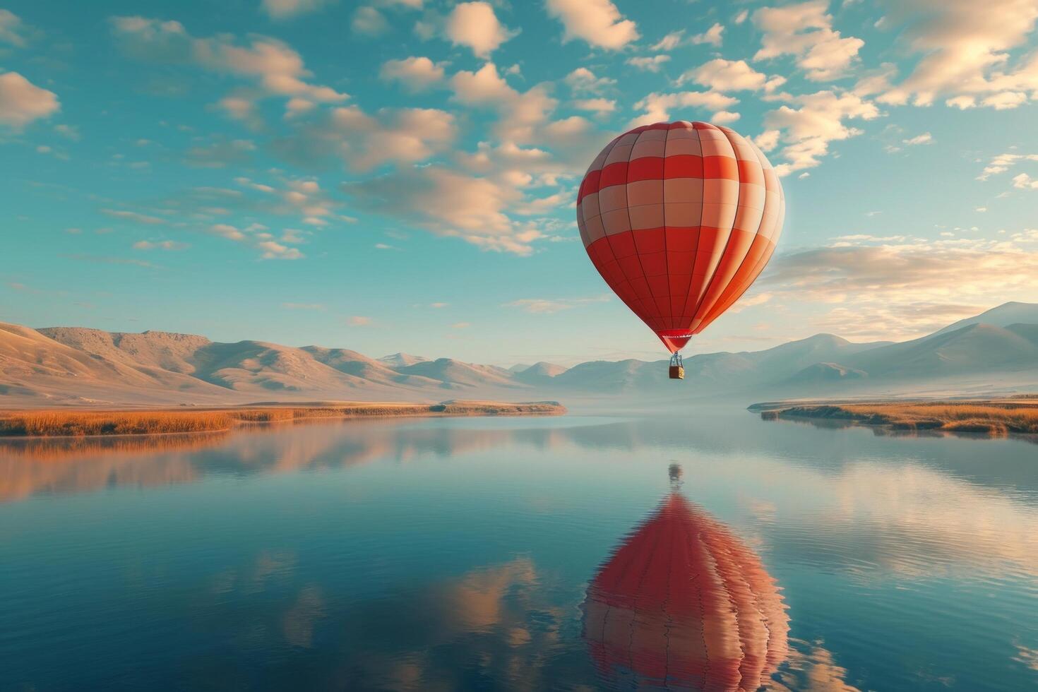 AI generated a hot air balloon flies over a body of water on cloudy sky photo