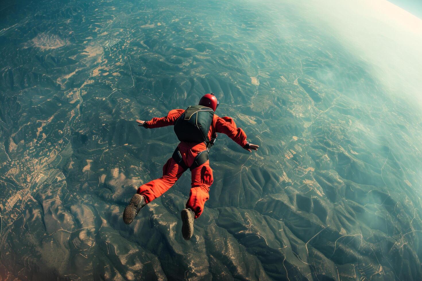 ai generado un hombre paracaidismo terminado un tierra campo foto