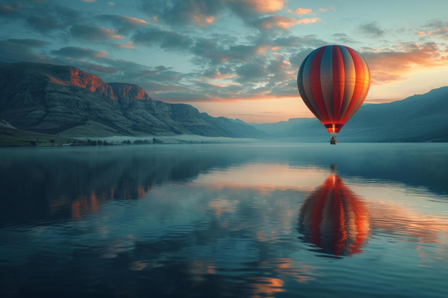 AI generated a hot air balloon flies over a body of water on cloudy sky photo